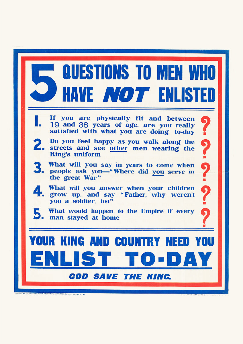 Five Questions to Men who have NOT Enlisted — British World War One poster