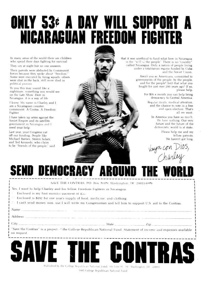 Only 53 cents a day will support a Nicaraguan freedom fighter — American poster